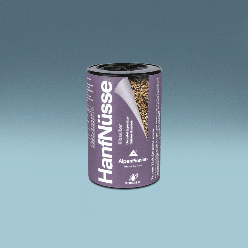 HanfNüsse geröstet & gesalzen - KLASSIKER - DE HanfNüsse gewürzt 150g im HanfStreuer von AlpenPionier.